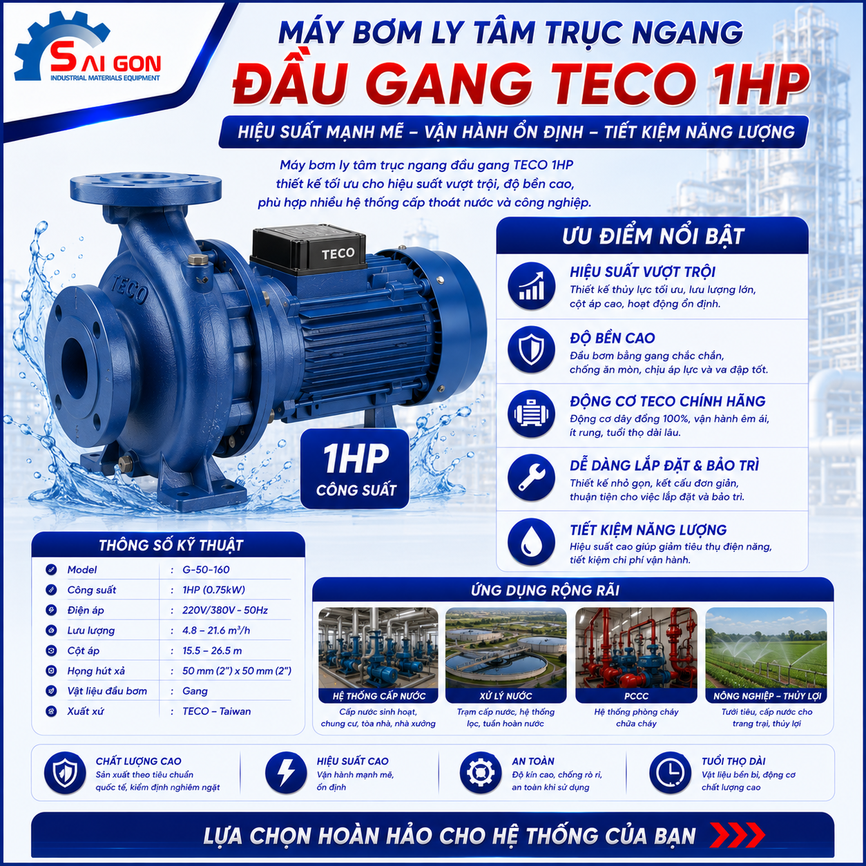 máy bơm ly tâm đầu gang Teco 1HP