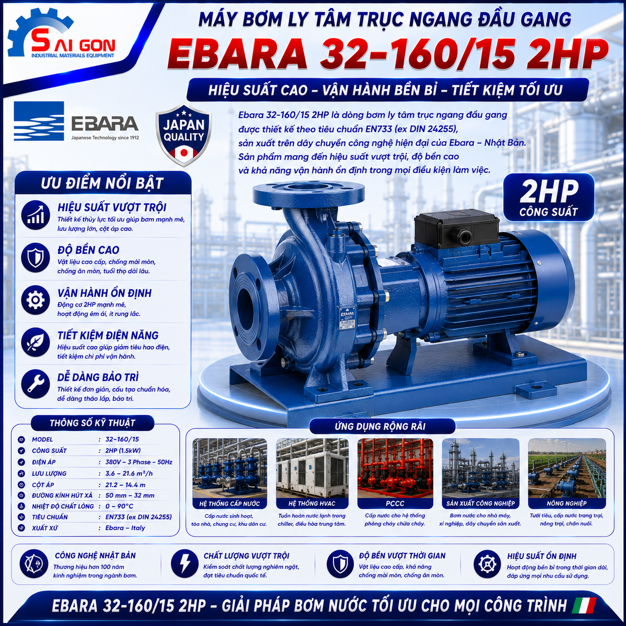 Máy bơm ly tâm trục ngang Ebara 32-160/1.5 2HP