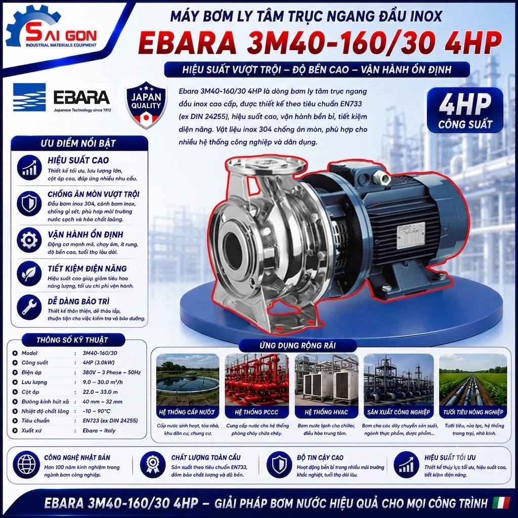 Máy bơm ly tâm đầu inox Ebara 3M40-160/3.0 4HP