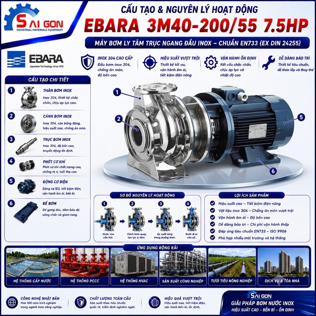 Máy bơm ly tâm đầu inox Ebara 3M40-200/5.5 7.5HP