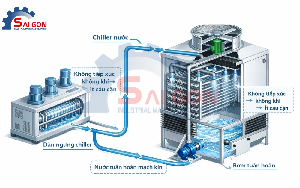Sơ đồ minh họa th&aacute;p giải nhiệt mạch k&iacute;n kết hợp chiller trong hệ thống l&agrave;m m&aacute;t c&ocirc;ng nghiệp