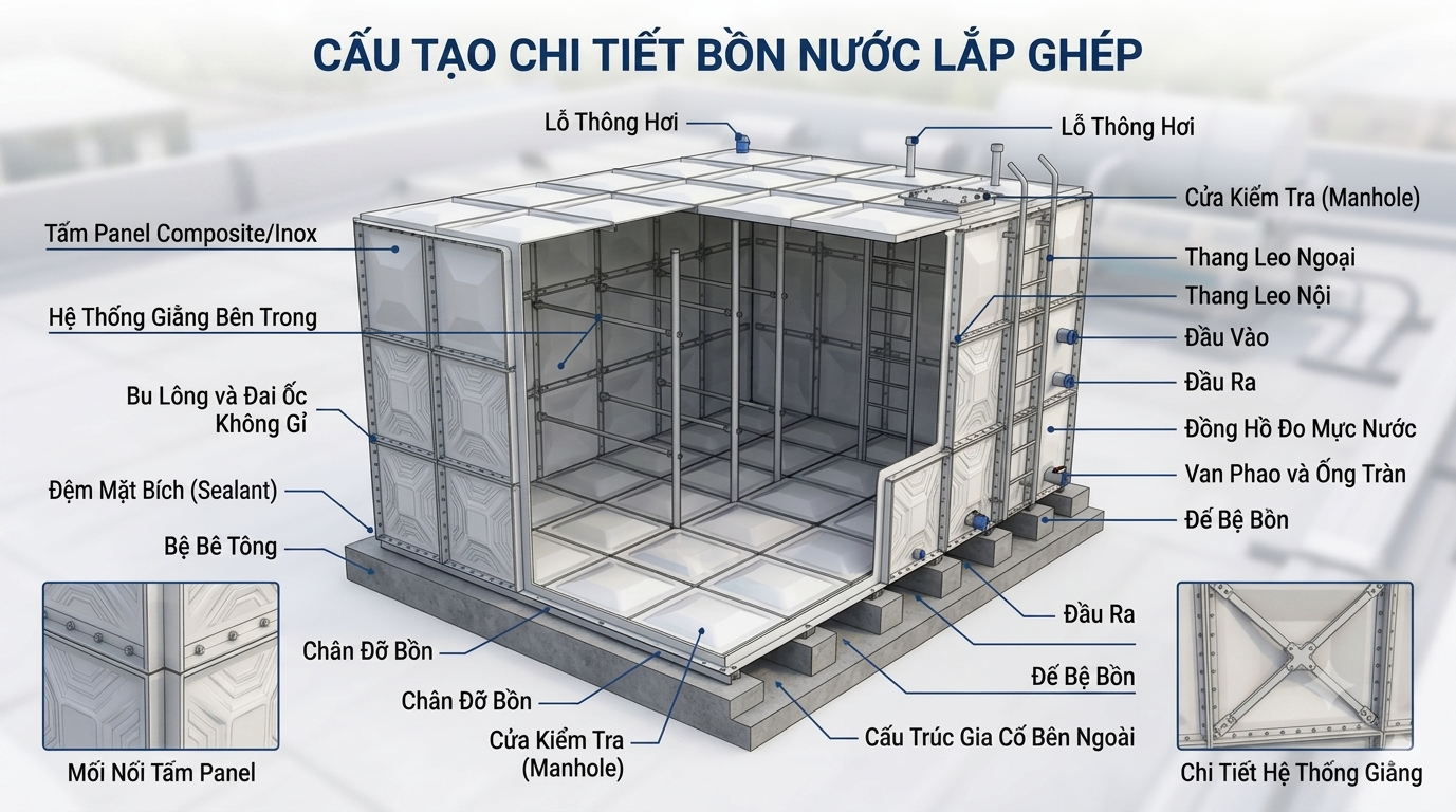 Cấu tạo bồn composite lắp gh&eacute;p