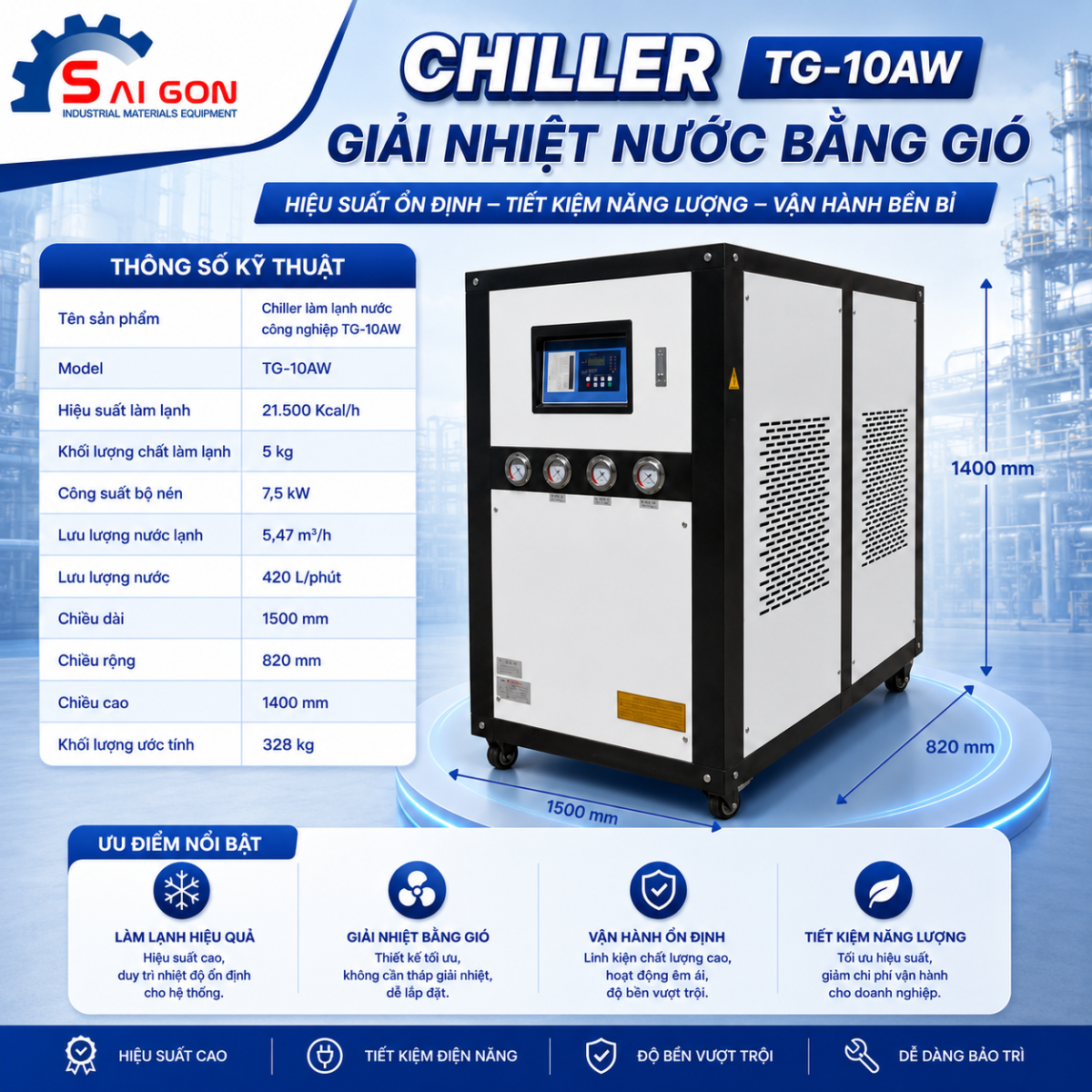Thông số kỹ thuật chiller tg 10aw