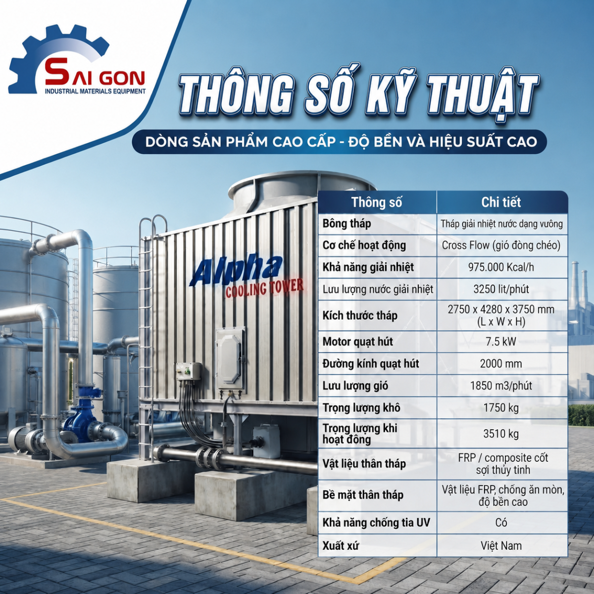 th&ocirc;ng số kỹ thuật th&aacute;p giải nhiệt alpha vu&ocirc;ng 250rt